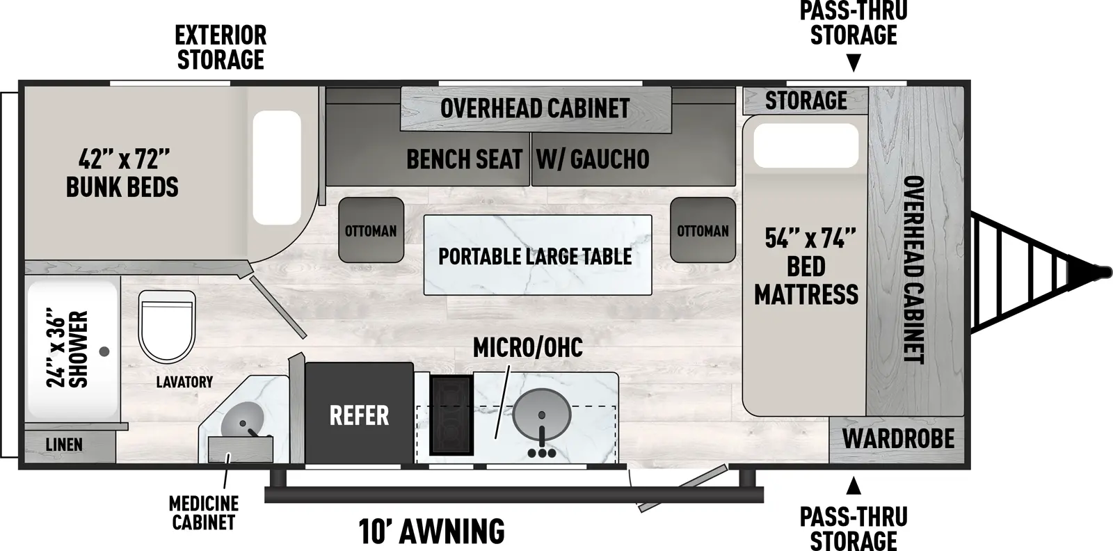 The Viking Travel Trailers 18BH has one entry and zero slide outs. Exterior features include: metal exterior and 10' awning. Interiors features include: bunk beds and front bedroom.